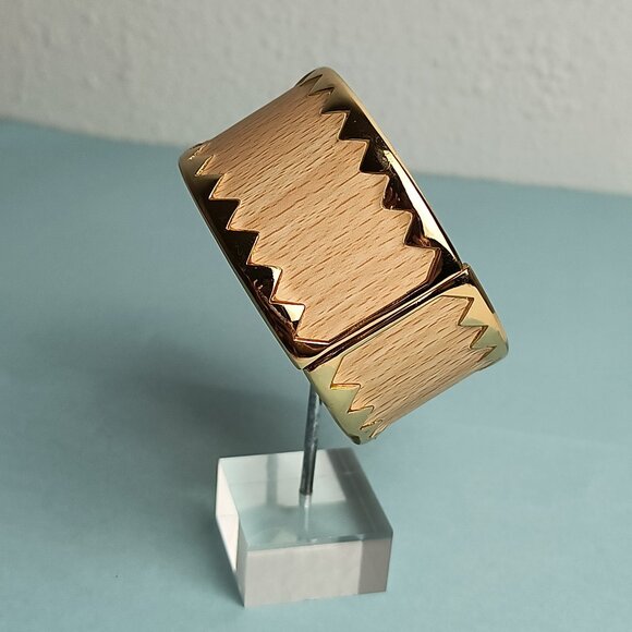 Statement Art Deco Wide Bangle Clamper Bracelet Zig-Zag Tan Gold Tone Me… - Picture 6 of 7